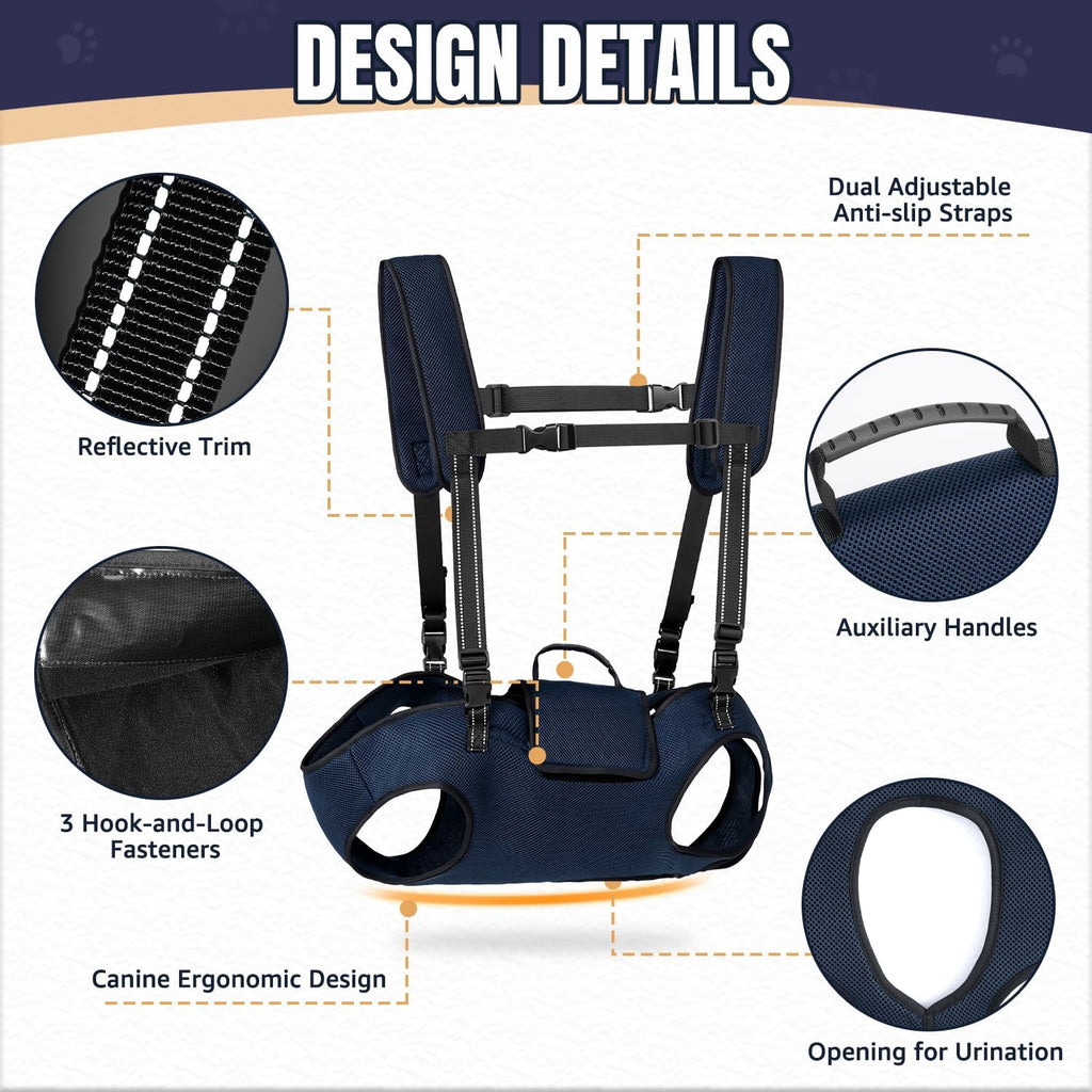 Dog Lift Harness Carrier Backpack - Full Body Sling with Adjustable Straps & Handle, Breathable Support Emergency Rescue Kit for Elderly Injured Arthritic Disabled Medium Large Dogs, 3XL