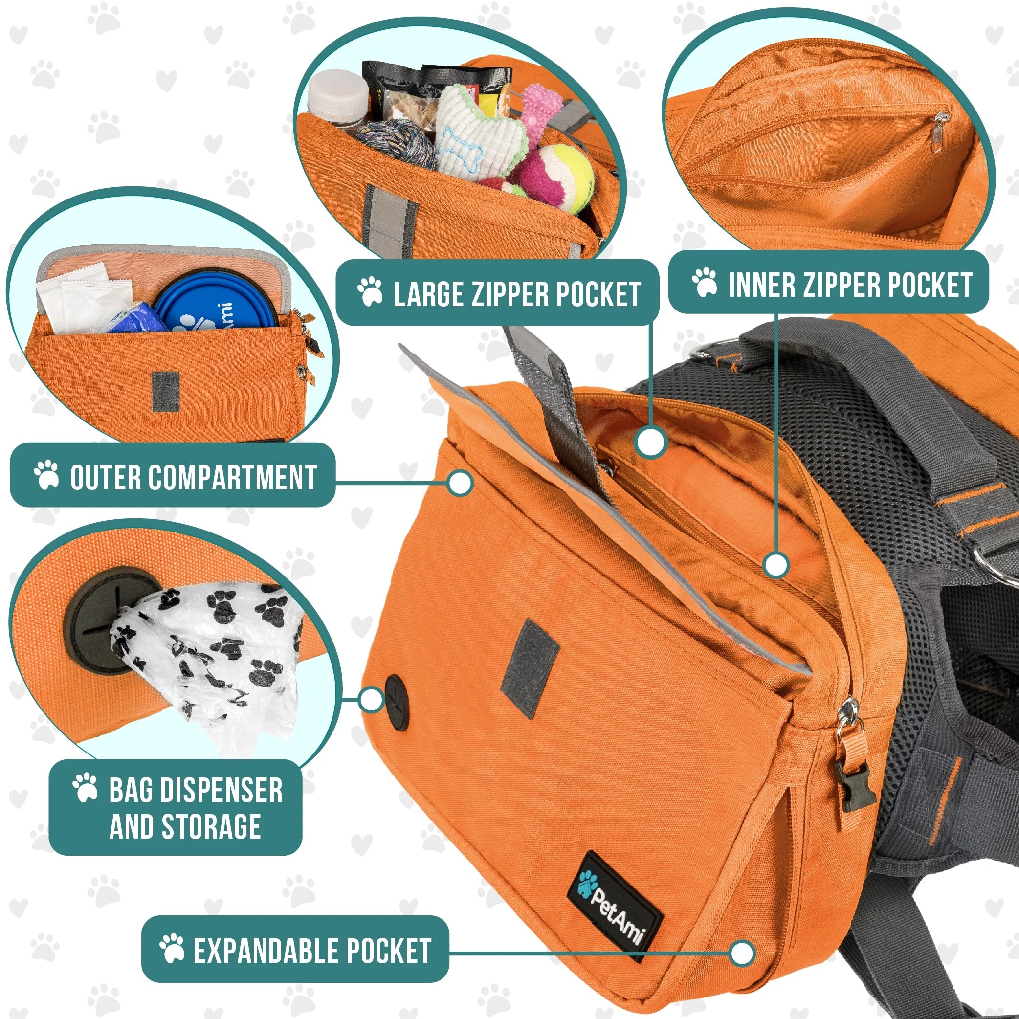 Dog Backpack Saddle Bag for Medium Large Dogs, Saddlebag for Dogs to Wear, Harness Saddlebag for Hiking with Reflective Safety Side Pockets, Vest Dog Pack for Camping Travel (Orange, Large)