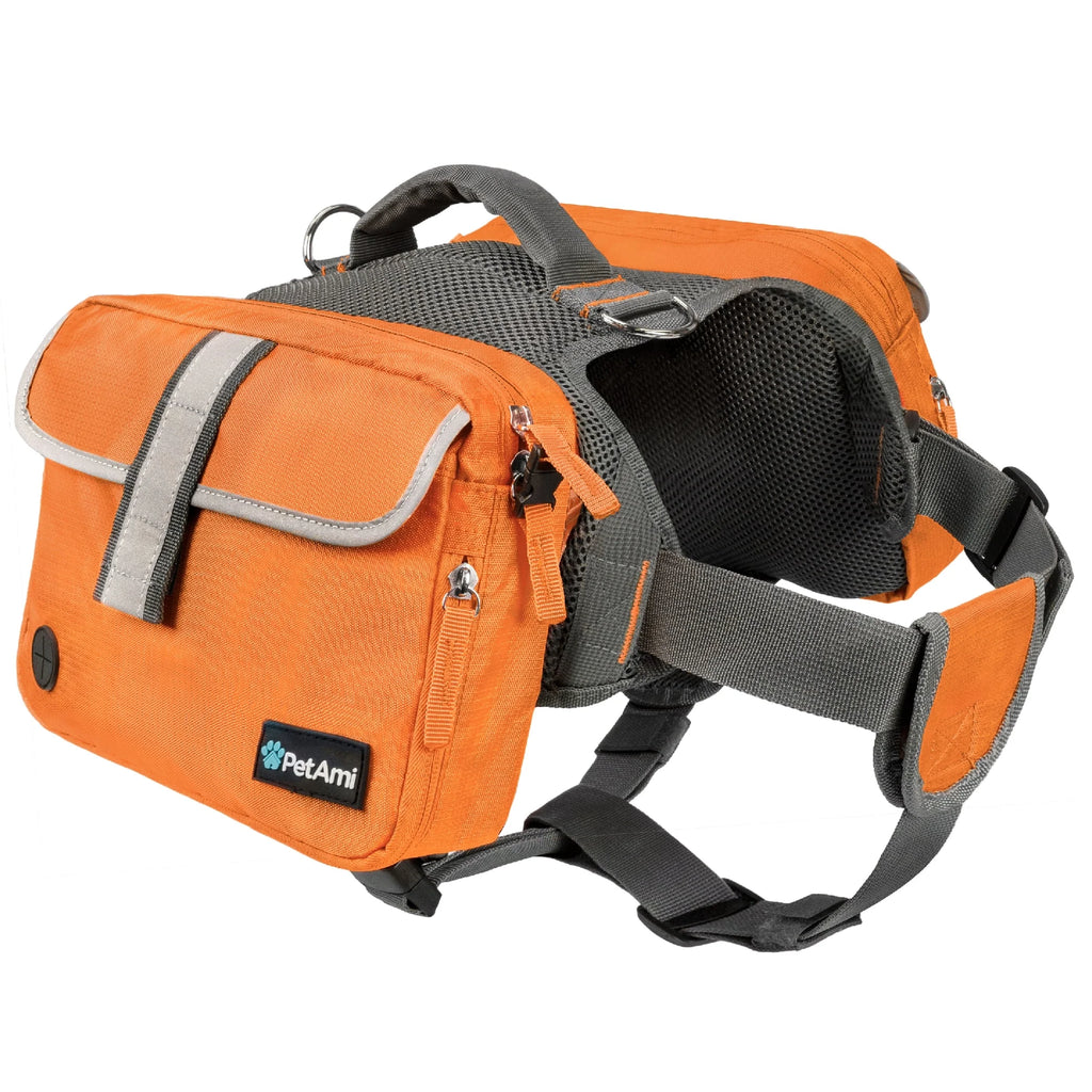 Dog Backpack Saddle Bag for Medium Large Dogs, Saddlebag for Dogs to Wear, Harness Saddlebag for Hiking with Reflective Safety Side Pockets, Vest Dog Pack for Camping Travel (Orange, Large)