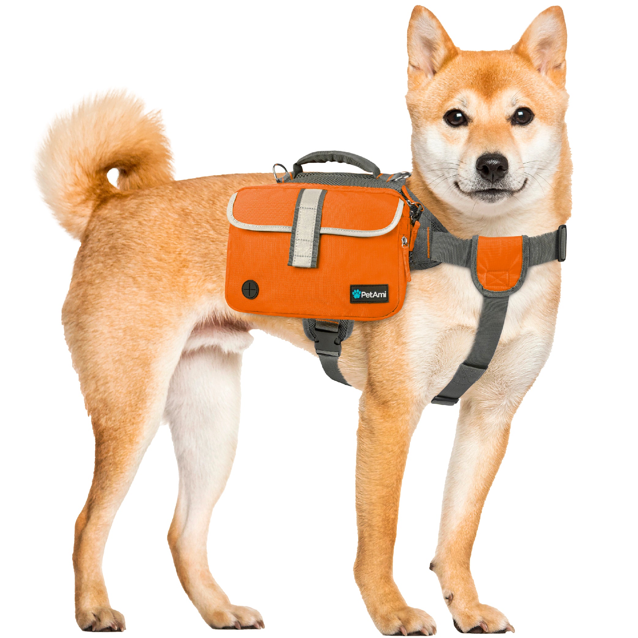 Dog Backpack Saddle Bag for Medium Large Dogs, Saddlebag for Dogs to Wear, Harness Saddlebag for Hiking with Reflective Safety Side Pockets, Vest Dog Pack for Camping Travel (Orange, Large)