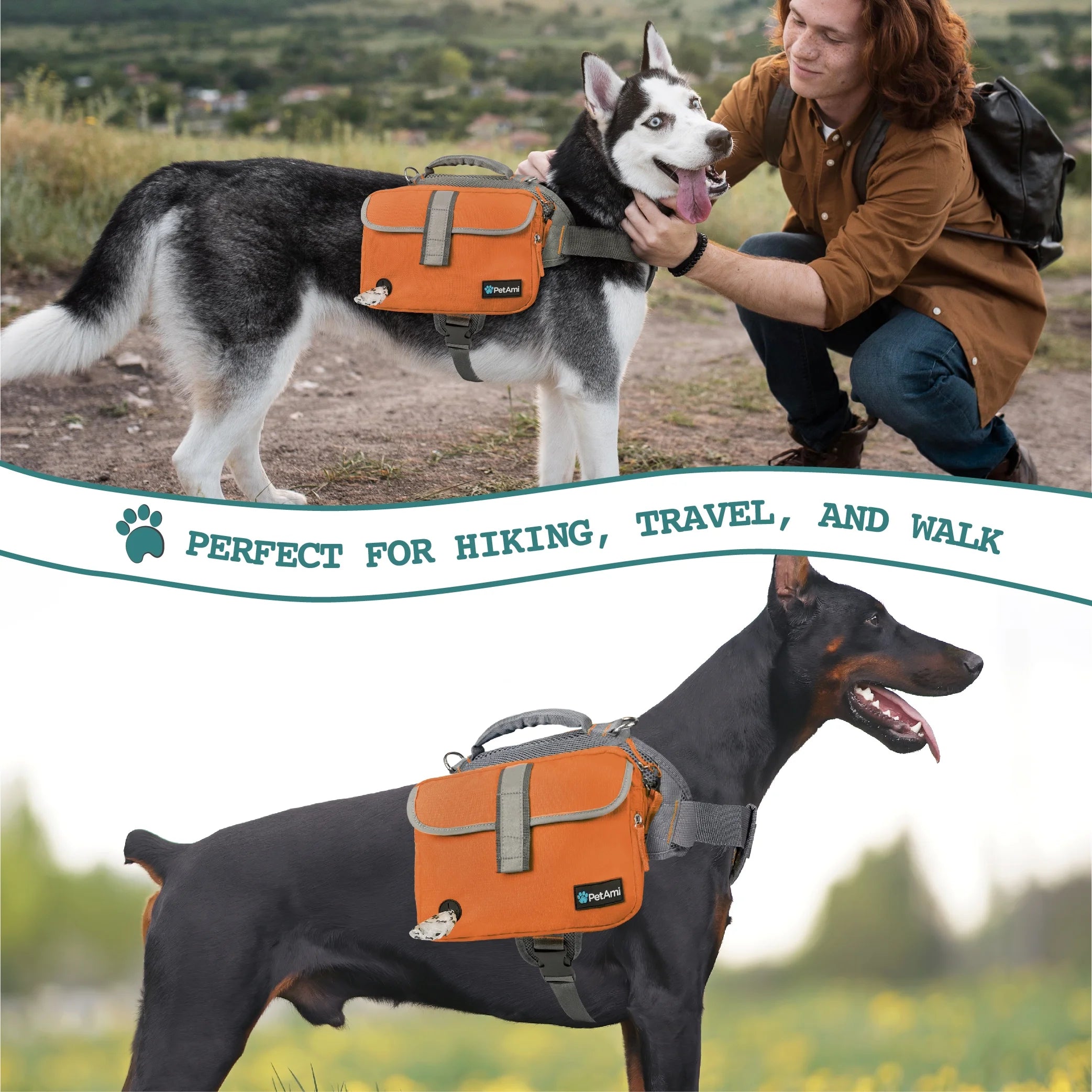 Dog Backpack Saddle Bag for Medium Large Dogs, Saddlebag for Dogs to Wear, Harness Saddlebag for Hiking with Reflective Safety Side Pockets, Vest Dog Pack for Camping Travel (Orange, Large)